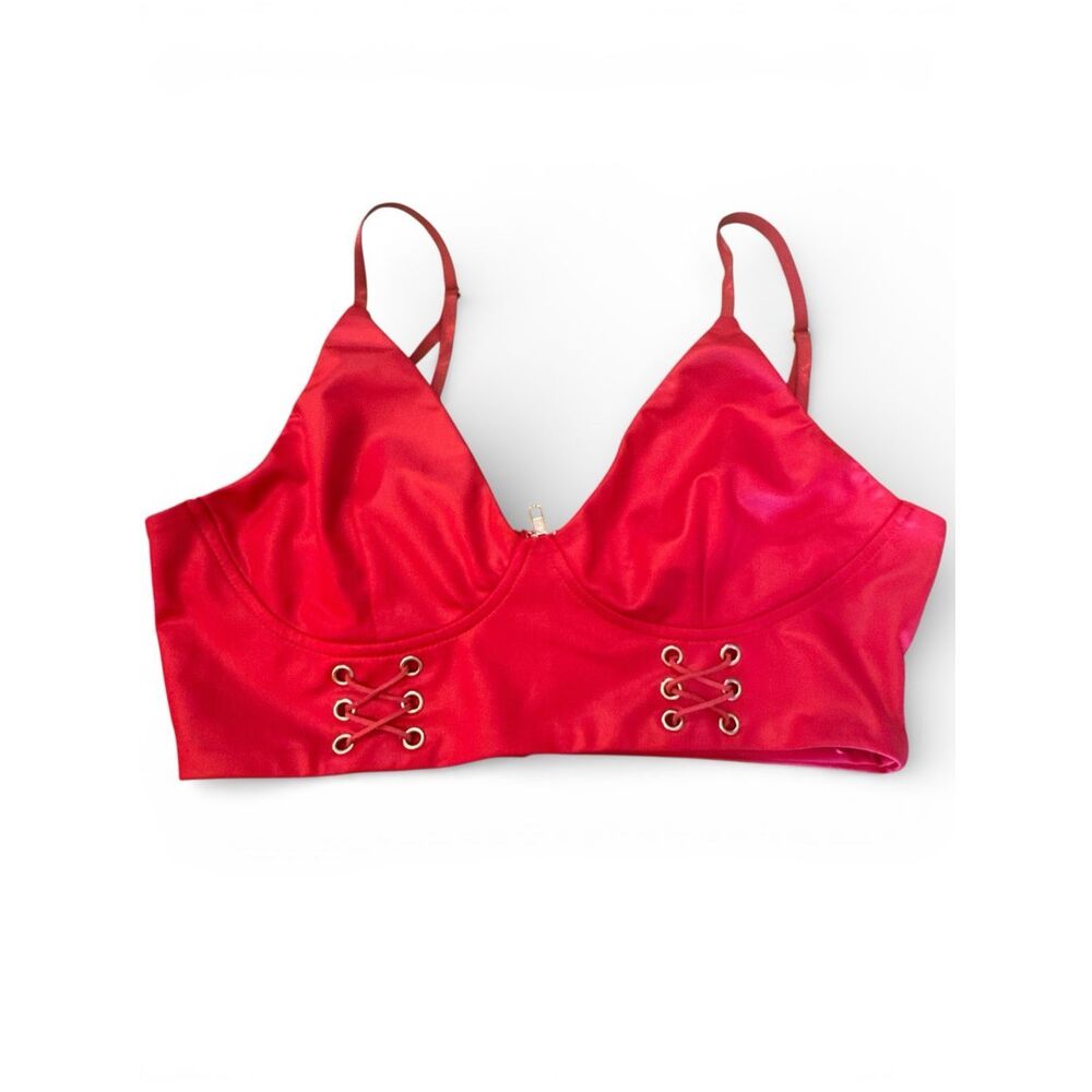 HONEYBUM Red Satin Corset Bralette Crop Top Zipper Lace-Up Grommet Detail